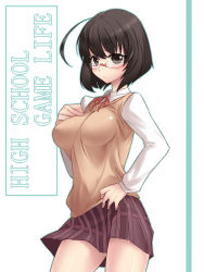 Rule 34 | 1girl, ahoge, bad id, bad pixiv id, blush, bob cut, breasts, brown eyes, brown hair, frown, glasses, hand on own hip, highres, impossible clothes, impossible sweater, large breasts, original, school uniform, short hair, skirt, solo, sweater, sweater vest, yamane akira