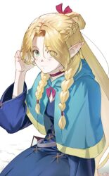 Rule 34 | 1girl, arm at side, belt, blonde hair, blue capelet, blue robe, book, braid, breasts, capelet, choker, closed mouth, dungeon meshi, elf, eyes visible through hair, french braid, green eyes, hair behind ear, hair between eyes, hair over one eye, half updo, hand up, highres, holding, holding staff, hood, hood down, hooded capelet, korean commentary, long hair, long sleeves, looking at viewer, marcille donato, medium breasts, mul1086108, multiple braids, parted bangs, pointy ears, robe, side braid, sitting, smile, solo, sprout, staff, very long hair, white background