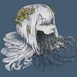 Rule 34 | 1girl, absurdres, android, artist name, banefury, blue background, cable, creepy, grey hair, half-closed eyes, head only, highres, indie virtual youtuber, long hair, mechanical legs, metal skin, no humans, shadow, solo, the cecile (vtuber), virtual youtuber, yellow eyes