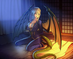 Rule 34 | 10s, 1girl, alternate breast size, artist request, bed, blonde hair, blush, bra, breasts, claws, draco (monster musume), dragon girl, dragon tail, dragon wings, eyebrows, full body, indoors, medium breasts, monster girl, monster musume no iru nichijou, night, on bed, open mouth, pajamas, pointy ears, purple eyes, scales, sitting, solo, tail, underwear, wariza, wings