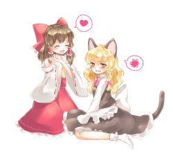 Rule 34 | 2girls, :d, ^ ^, animal ears, apron, ascot, black skirt, black vest, blonde hair, blush, bow, bowtie, braid, brown hair, cat ears, cat tail, closed eyes, d:, d:&lt;, detached sleeves, drooling, frilled apron, frilled legwear, frilled skirt, frills, hair bow, hair ribbon, hair tubes, hakurei reimu, heart, highres, kemonomimi mode, kirisame marisa, kneeling, long sleeves, looking at viewer, multiple girls, no headwear, no shoes, open mouth, own hands clasped, own hands together, pink bow, pink bowtie, red bow, red skirt, ribbon, side braid, single braid, sitting, skirt, smile, socks, spoken heart, spoken squiggle, squiggle, tail, touhou, tress ribbon, v-shaped eyebrows, vest, waist apron, wariza, wavy hair, white apron, white background, white legwear, wide sleeves, yellow ascot, yellow eyes, yurigaoka nayuki