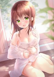 Rule 34 | 1girl, :d, amedamacon, bare legs, bare shoulders, barefoot, blurry, blurry foreground, blush, borrowed clothes, bra, breasts, brown hair, cleavage, collared shirt, commentary request, depth of field, dress shirt, green eyes, hair between eyes, highres, long hair, long sleeves, looking at viewer, medium breasts, off shoulder, open mouth, original, panties, shirt, sitting, sleeves past wrists, smile, solo, underwear, white bra, white panties, white shirt, window, yokozuwari