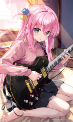 Rule 34 | 1girl, artist name, barefoot, blue eyes, bocchi the rock!, commentary, cube hair ornament, electric guitar, feet, fujima takuya, full body, gotoh hitori, grey skirt, guitar, hair ornament, holding, holding guitar, holding instrument, indoors, instrument, long hair, music, on bed, pink hair, pink track suit, playing instrument, sitting, skirt, solo, toes, wariza, window
