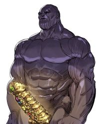 Rule 34 | 1boy, abs, avengers (series), bald, bow (bhp), closed mouth, collarbone, colored skin, erection, gem, glint, gold, infinity gauntlet, jpeg artifacts, large penis, male focus, marvel, muscular, muscular male, nude, pectorals, penis, purple skin, shiny skin, simple background, sketch, solo, standing, thanos, white background