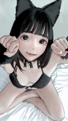 Rule 34 | 1girl, absurdres, animal ears, bell, black bra, black eyes, black hair, black hairband, blunt bangs, bra, breasts, cat ears, closed mouth, commentary request, crossed legs, fake animal ears, from above, fur bra, hairband, highres, hiramedousa, jingle bell, looking at viewer, looking up, neck bell, original, paw pose, short hair, sitting, small breasts, solo, underwear, underwear only, wrist cuffs