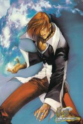 Rule 34 | 1boy, andy seto, blue fire, choker, dress shirt, fire, hair over one eye, highres, jewelry, male focus, official art, pants, pyrokinesis, red hair, red pants, ring, shirt, snk, solo, the king of fighters, yagami iori