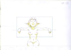Rule 34 | 1girl, breasts, closed eyes, color trace, cra (wakfu), evangelyne (wakfu), navel, nipples, open mouth, outstretched arms, pointy ears, production art, short hair, sitting, small breasts, solo, wakfu