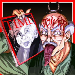 Rule 34 | 1boy, albert einstein, bald, blood, blood on face, border, brown eyes, c-7 (assate), crazy eyes, gray fly (jojo), holding, jojo no kimyou na bouken, long tongue, magazine (object), old, old man, outside border, red border, stand (jojo), time (magazine), tongue, tongue out, tower of grey (stand), what, white hair