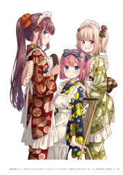 Rule 34 | 3girls, :d, apron, black ribbon, blonde hair, blue eyes, bow, brown bow, brown hair, checkered bow, checkered clothes, closed mouth, copyright name, floral print, green kimono, hair bow, hands on another&#039;s shoulder, highres, holding, holding plate, iijima yun, japanese clothes, kimono, long hair, long sleeves, looking at viewer, maid headdress, medium hair, mochizuki momiji, multiple girls, neck ribbon, new game!, official art, open mouth, orange bow, page number, pink hair, plate, ponytail, print kimono, red kimono, ribbon, side ponytail, smile, standing, striped, striped bow, takimoto hifumi, tokunou shoutarou, very long hair, white apron, yellow eyes, yukata