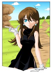 Rule 34 | 1girl, absurdres, antenna hair, arm at side, armpits, artist request, bare shoulders, black dress, blue eyes, breasts, brown hair, clenched hand, creatures (company), day, dress, earrings, eyelashes, female focus, game freak, gloves, green (pokemon), hair between eyes, hand up, highres, index finger raised, jewelry, long hair, looking at viewer, medium breasts, nature, neck, nintendo, one eye closed, outdoors, pokemon, pokemon adventures, short dress, side slit, sidelocks, signature, sky, sleeveless, sleeveless dress, sleeveless turtleneck, smile, standing, thighs, tight clothes, tight dress, turtleneck, turtleneck dress, white gloves, wink