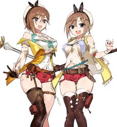 Rule 34 | 2girls, absurdres, age progression, atelier (series), atelier ryza, atelier ryza 2, beret, blush, boots, breasts, brown hair, cleavage, gloves, hat, highres, kinbakuman, large breasts, looking at viewer, medium breasts, multiple girls, navel, open hand, open mouth, partially fingerless gloves, red shorts, reisalin stout, short hair, short shorts, shorts, single thighhigh, skindentation, thick thighs, thigh boots, thigh strap, thighhighs, thighs, white headwear