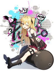 Rule 34 | 1girl, ;d, ahoge, arm belt, artist request, bare shoulders, belt, black choker, black footwear, black gloves, black skirt, black thighhighs, blonde hair, boots, bracelet, chain, chest harness, choker, closers, collared shirt, crop top, detached sleeves, drum (container), earrings, fingerless gloves, fishnets, flat chest, gloves, hair ornament, hair ribbon, hairclip, harness, highleg, highres, jewelry, leg belt, long hair, looking at viewer, lucy (closers), midriff, miniskirt, navel, necktie, official art, one eye closed, one side up, open mouth, pleated skirt, ribbed shirt, ribbon, shirt, short necktie, single thighhigh, sitting, skirt, sleeveless, sleeveless shirt, smile, solo, stomach, studded belt, thighhighs, white shirt, yellow eyes