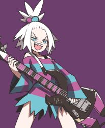 Rule 34 | 1girl, bass guitar, blue eyes, bra strap, chained tan, creatures (company), dress, fangs, flat chest, forehead, freckles, game freak, gym leader, hair bobbles, hair ornament, instrument, nintendo, pokemon, pokemon bw2, purple background, roxie (pokemon), simple background, solo, standing, strapless, strapless dress, striped clothes, striped dress