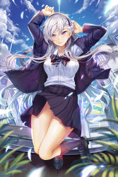 Rule 34 | 1girl, absurdres, alternate costume, arms up, azur lane, belfast (azur lane), blazer, blurry, bow, bowtie, braid, breasts, building, closed mouth, cloud, cloudy sky, commentary, day, depth of field, fisheye, french braid, glowing, hairband, hasaya, highres, jacket, jumping, large breasts, lens flare, long hair, looking at viewer, no panties, pleated skirt, purple eyes, school uniform, shirt, silver hair, skirt, sky, smile, solo, white shirt, wind, wind lift