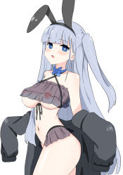 Rule 34 | absurdres, animal ears, black jacket, blue bow, blue bowtie, blue eyes, blunt bangs, blush, bow, bowtie, breasts, bright pupils, cowboy shot, expressionless, fake animal ears, frilled panties, frills, from side, halterneck, highres, jacket, large breasts, lingerie, long hair, looking at viewer, navel, nipples, oha (oha h22), one side up, open mouth, original, pale skin, panties, rabbit ears, see-through, silver hair, simple background, standing, underwear, very long hair, white background, white pupils