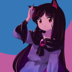 Rule 34 | 1girl, absurdres, animal ears, blush, brown hair, dress, fingernails, hand up, highres, imaizumi kagerou, long fingernails, long hair, long sleeves, looking at viewer, nail polish, parted lips, red dress, red eyes, red nails, sharp fingernails, solo, street dog, touhou, two-tone background, white dress, wolf ears