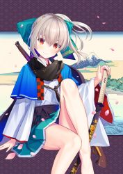 Rule 34 | 1girl, atori, bare legs, bow, fine art parody, gun, hair bow, highres, invisible chair, japanese clothes, katana, knee up, long hair, looking at viewer, miniskirt, musket, nihonga, original, parody, petals, ponytail, red eyes, sheath, sheathed, silver hair, sitting, skirt, smile, solo, sword, thighs, weapon