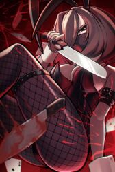 Rule 34 | 1girl, animal ears, bare shoulders, belt, black eyes, black nails, blood, blood splatter, bloody knife, breasts, brown hair, card, checkered background, cleavage, fake animal ears, fishnet pantyhose, fishnet thighhighs, fishnets, hair between eyes, hair over one eye, highres, holding, holding weapon, knife, large breasts, leotard, looking at viewer, mask, medium hair, nail polish, original, pantyhose, playboy bunny, playing card, psidubs, rabbit ears, red leotard, solo, strapless, strapless leotard, thighhighs, weapon, wrist cuffs