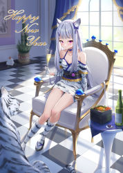 Rule 34 | 1girl, alcohol, animal, animal ear fluff, animal ears, animal print, armchair, bare shoulders, black footwear, blue bow, blue choker, bottle, bow, breasts, chair, champagne, champagne flute, checkered floor, choker, closed mouth, collarbone, commentary request, cup, curtains, day, detached sleeves, dress, drinking glass, ear bow, food, gloves, gohei (aoi yuugure), grey hair, hair ornament, hairclip, happy new year, highres, holding, holding cup, indoors, kadomatsu, kagami mochi, kneehighs, long hair, long sleeves, new year, on chair, original, print dress, print sleeves, print socks, purple eyes, sandals, sitting, sleeveless, sleeveless dress, small breasts, socks, solo, tail, tiger, tiger ears, tiger girl, tiger print, tiger tail, very long hair, white dress, white gloves, white socks, window, zouri