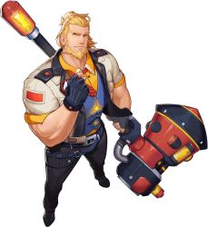 Rule 34 | 1boy, artist request, bara, beard, blonde hair, bulge, facial hair, formal, gyee, highres, holding, holding weapon, huge weapon, jacket, male focus, mallet, medium hair, muscular, muscular male, official art, open clothes, open jacket, pectorals, peter (gyee), solo, transparent background, weapon
