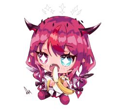 Rule 34 | 1girl, banana, chibi, ddrawins, demon horns, detached wings, diamond-shaped pupils, diamond (shape), dress, eating, fang, food, fruit, halo, heterochromia, highres, holding, holding food, holding fruit, hololive, hololive english, horns, irys (irys 2.0) (hololive), irys (hololive), long hair, multicolored hair, open mouth, pink hair, pointy ears, sidelocks, streaked hair, symbol-shaped pupils, virtual youtuber, white dress, wings