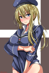 Rule 34 | 1girl, alternate costume, ar (lover boy), blonde hair, blue eyes, breasts, commentary request, cosplay, embarrassed, graf zeppelin (kancolle), hair between eyes, hat, highres, kantai collection, large breasts, long hair, looking at viewer, military, military hat, military uniform, panties, pantyshot, solo, undersized clothes, underwear, uniform, z1 leberecht maass (kancolle) (cosplay), z1 leberecht maass (kancolle)
