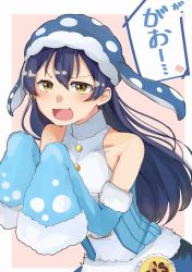 Rule 34 | 1girl, animal costume, animal hat, arms up, bare shoulders, blue hair, blush, commentary request, detached sleeves, fang, fur trim, hair between eyes, hat, highres, long hair, long sleeves, looking at viewer, love live!, love live! school idol festival, love live! school idol project, open mouth, simple background, smile, solo, sonoda umi, two-tone background, v-shaped eyebrows, yellow eyes, zunda mochi (zundamochilala)