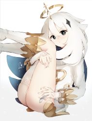 Rule 34 | 1girl, :t, absurdres, ass, blue eyes, full body, genshin impact, halo, highres, legs, long hair, looking at viewer, nvl, paimon (genshin impact), pout, solo, thighs, white hair
