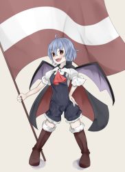 Rule 34 | 1girl, alternate costume, ascot, bat wings, blue hair, boots, brown footwear, cape, hand on own hip, knee boots, latvian flag, looking at viewer, mknongr, no headwear, open mouth, puffy short sleeves, puffy sleeves, red ascot, red eyes, remilia scarlet, shoes, short hair, short sleeves, solo, teeth, touhou, wings