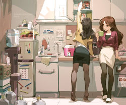 Rule 34 | 2girls, arm support, arm up, bottle, box, brown eyes, brown hair, brown legwear, commentary request, cup, cupboard, earrings, eyelashes, faucet, highres, holding, holding cup, jacket, jewelry, kitchen, lipstick, long hair, long sleeves, makeup, multiple girls, office lady, original, pantyhose, pencil skirt, reaching, red jacket, red lips, refrigerator, sink, skirt, sleeves past elbows, slippers, standing, taiwan, tennohi, tiptoes, water cooler
