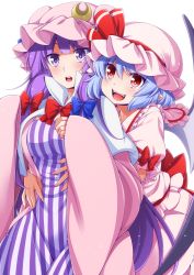 Rule 34 | 2girls, :d, bat wings, blue hair, blunt bangs, blush, blush stickers, bow, bowtie, breasts, commentary request, crescent, crescent hat ornament, crescent pin, dress, eichi yuu, fangs, frilled shirt collar, frilled sleeves, frills, hair between eyes, hair bow, hair ribbon, hat, hat ornament, hat ribbon, highres, hug, hug from behind, large breasts, long hair, long sleeves, mob cap, multiple girls, open mouth, patchouli knowledge, pointy ears, puffy short sleeves, puffy sleeves, purple eyes, purple hair, red bow, red bowtie, red eyes, redrawn, remilia scarlet, ribbon, short sleeves, simple background, smile, striped clothes, striped dress, touhou, tress ribbon, very long hair, white background, wide sleeves, wings, yuri