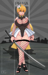 Rule 34 | 1girl, absurdres, areola slip, blonde hair, borrowed character, breasts, brown eyes, cleavage, covered navel, curvy, dante grapes, fishnets, flower, full body, highres, huge breasts, katana, ninja, phaia, short hair, solo, spunky knight, standing, sword, weapon, wide hips
