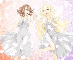 Rule 34 | 2girls, :d, ahoge, asymmetrical bangs, barefoot, blonde hair, blush, breasts, brown hair, collarbone, commentary request, doi tamako, dress, floral background, flower, from above, green eyes, hair between eyes, hand on own chest, highres, holding hands, iyojima anzu, long hair, looking at another, lying, medium breasts, multiple girls, nogi wakaba wa yuusha de aru, on back, open mouth, sakuria, short hair, sleeveless, sleeveless dress, smile, spaghetti strap, very long hair, white background, white dress, yuusha de aru