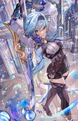 Rule 34 | 1girl, arms up, black footwear, black gloves, black hairband, blue cape, blue gloves, blue hair, blue necktie, boots, breasts, cape, chest harness, closed mouth, crossed legs, eula (genshin impact), full body, genshin impact, gloves, greatsword, hairband, hands up, harness, high-waist shorts, highres, holding, holding sword, holding weapon, hydrokinesis, indoors, long sleeves, looking at viewer, medium breasts, medium hair, necktie, purple eyes, shorts, smile, solo, song of broken pines (genshin impact), sword, sword behind back, thigh boots, twitter username, two-tone gloves, vision (genshin impact), water, watson cross, weapon, white sleeves, wide sleeves, yisu5131