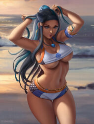 Rule 34 | 1girl, abs, alternate breast size, armpits, beach, blue eyes, breasts, cleavage, creatures (company), dark-skinned female, dark skin, deviantart, earrings, female focus, flowerxl, game freak, highres, jewelry, large breasts, long hair, looking at viewer, navel, necklace, nessa (pokemon), nintendo, outdoors, pokemon, pokemon swsh, shirt, shorts, solo, standing, tank top, thick thighs, thigh gap, thighs, underboob, video game character, watermark, web address, wide hips