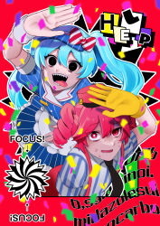Rule 34 | 2girls, absurdres, apron, arm up, black eyes, black necktie, blue dress, blue hair, bow, bright pupils, buttons, chimaru, collared shirt, diagonal-striped bow, double-breasted, dress, drill hair, english text, gloves, hat, hatsune miku, highres, kasane teto, long hair, mesmerizer (vocaloid), multiple girls, necktie, nervous sweating, open mouth, pink eyes, pink hair, pink hat, puffy short sleeves, puffy sleeves, scared, sharp teeth, shirt, short sleeves, single empty eye, smile, striped clothes, striped dress, striped shirt, suspenders, sweat, teeth, tongue, tongue out, turn pale, twin drills, twintails, utau, vertical-striped clothes, vertical-striped dress, vertical-striped shirt, visor cap, vocaloid, waist apron, waitress, white apron, white pupils, white shirt, white wrist cuffs, wrist cuffs, yellow gloves