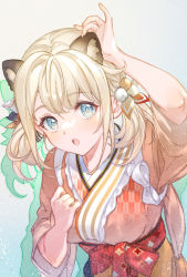 Rule 34 | animal ear fluff, animal ears, blonde hair, bow, breasts, commentary, green eyes, hair ornament, hand on own ear, highres, hololive, hoshi (xingspresent), japanese clothes, kazama iroha, kimono, medium breasts, medium hair, new year, orange kimono, shadow, surprised, touching ears, upper body, virtual youtuber, waist bow
