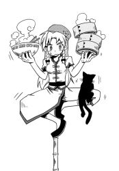 Rule 34 | 1girl, balancing, bamboo, cat, china dress, chinese clothes, chopsticks, dress, embodiment of scarlet devil, eyebrows, female focus, greyscale, hong meiling, kannazuki hato, monochrome, simple background, smoke, solo, thick eyebrows, touhou