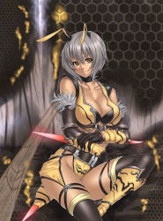 Rule 34 | 1girl, antennae, bee girl, breasts, cleavage, highres, honeycomb background, honeycomb pattern, houtengeki, arthropod girl, insect wings, large breasts, monster girl, original, short hair, silver hair, solo, thighhighs, wings, yellow eyes