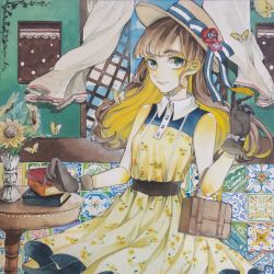 Rule 34 | 1girl, bag, black eyes, black gloves, blonde hair, blue sky, book, brown hair, bug, butterfly, curtains, day, dress, flower, gloves, handbag, hat, hat flower, hat ribbon, highres, indoors, bug, looking at viewer, multicolored hair, original, remon (10112), ribbon, sky, solo, table, traditional media, two-tone hair, vase, yellow dress