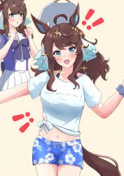 Rule 34 | absurdres, ahoge, alternate costume, animal ears, blue eyes, blush, breasts, brown hair, collarbone, daring tact (umamusume), english text, hair ornament, highres, horse ears, horse girl, horse tail, looking at viewer, medium breasts, medium hair, open mouth, school uniform, shirt, sho mix illustration, shorts, simple background, sparkle, tail, tracen school uniform, umamusume