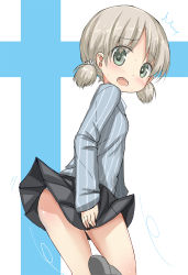Rule 34 | 10s, 1girl, aki (girls und panzer), blush, brown hair, covering privates, covering ass, embarrassed, from behind, girls und panzer, green eyes, inyucchi, long sleeves, looking at viewer, looking back, miniskirt, panties, pantyshot, pinstripe pattern, pleated skirt, school uniform, shirt, short twintails, skirt, solo, standing, striped, ^^^, sweatdrop, twintails, underwear, wind, wind lift