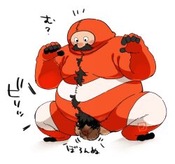 Rule 34 | 1boy, ?, animal costume, bara, beard, censored, dungeon meshi, dwarf, facial hair, fat, fat man, flaccid, frog costume, full body, long beard, male focus, mosaic censoring, mustache, notice lines, outstretched arms, penis, senshi (dungeon meshi), solo, spread arms, thick mustache, totemoii 029, translation request, very long beard, wardrobe malfunction