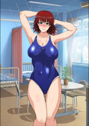 Rule 34 | 1girl, armpits, arms behind head, arms up, bare arms, bare legs, bare shoulders, bed, blue one-piece swimsuit, blush, breasts, breasts apart, brown hair, chair, cleavage, covered erect nipples, curtains, day, female focus, floor, green eyes, groin, happy, highres, hip focus, hozumi kenji, indoors, large breasts, legs, looking at viewer, medium hair, mikado ryouko, one-piece swimsuit, parted lips, plant, shiny skin, smile, solo, standing, swimsuit, table, thigh gap, thighs, to love-ru, window