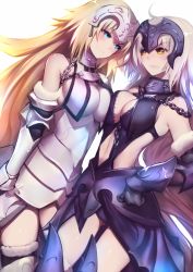 Rule 34 | 2girls, armor, armored boots, armored dress, backlighting, black dress, black gloves, blonde hair, blue eyes, blue footwear, blush, boots, breast press, breasts, chain, character cutout, cleavage, cleavage cutout, clothing cutout, dress, elbow gloves, fate (series), floating hair, food, fruit, fur trim, gloves, hair ornament, highres, jeanne d&#039;arc (fate), jeanne d&#039;arc (ruler) (fate), jeanne d&#039;arc (third ascension) (fate), jeanne d&#039;arc alter (avenger) (fate), jeanne d&#039;arc alter (avenger) (third ascension) (fate), jeanne d&#039;arc alter (fate), large breasts, long hair, looking at viewer, multiple girls, navel cutout, orange (fruit), rahato, shiny skin, side cutout, silver hair, simple background, sleeveless, sleeveless dress, smile, standing, symmetrical docking, thigh boots, thighhighs, very long hair, white background, white dress