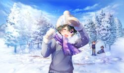 1girl 2boys ;d blurry breath cinderella_series cloud crossed_bangs depth_of_field game_cg gloves green_hair grey_hoodie hachigatsu_no_cinderella_nine hat highres hood hoodie knit_hat lens_flare light_rays long_sleeves looking_at_viewer mittens multiple_boys non-web_source official_art one_eye_closed open_mouth outdoors plaid_clothes plaid_scarf purple_eyes purple_scarf scarf short_hair sky smile snow snow_on_body snowman solo_focus standing sunbeam sunlight taketomi_aya tree white_gloves white_hat winter winter_clothes