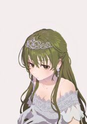 Rule 34 | 1girl, absurdres, bare shoulders, blush, breasts, cleavage, collarbone, commentary request, dress, earrings, gloves, green eyes, green hair, half updo, highres, idolmaster, idolmaster shiny colors, jewelry, long hair, looking at viewer, nanakusa nichika, off-shoulder dress, off shoulder, own hands together, simple background, solo, tanupon, tiara, very long hair, wedding dress, white background, white dress, white gloves