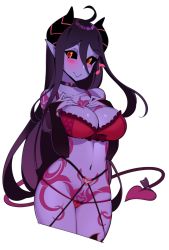 Rule 34 | 1girl, ahoge, black sclera, blush, bow, bra, breast suppress, breasts, choker, closed mouth, colored sclera, colored skin, commentary, commission, cropped legs, demon (monster girl encyclopedia), demon girl, demon horns, demon tail, elbow gloves, english commentary, full-body tattoo, gloves, halphelt, hands up, highres, horns, large breasts, long hair, looking at viewer, monster girl encyclopedia, musical note, navel, original, panties, pink bra, pink panties, purple skin, red eyes, simple background, smile, solo, standing, tail, tail bow, tail ornament, tattoo, underwear, underwear only, white background