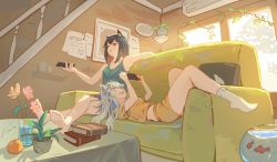 Rule 34 | 2girls, :d, absurdres, alternate costume, animal ear fluff, animal ears, arknights, arm rest, artist name, barefoot, black hair, blue camisole, blue eyes, blue shorts, book, book stack, camisole, casual, colored inner hair, commentary, controller, coper maileyun, couch, cushion, feet on table, fish, fishbowl, flower, food, fruit, full body, goldfish, grey hair, hair between eyes, highres, holding, holding remote control, indoors, lap pillow, lappland (arknights), lips, long hair, lying, multicolored hair, multiple girls, nintendo switch, on back, on couch, open mouth, orange (fruit), orange eyes, paper, parted lips, pink flower, plant, playing games, potted plant, railing, red hair, remote control, scar, scar across eye, shelf, shirt, shorts, sitting, smile, socks, table, teeth, texas (arknights), tongue, upper teeth only, vase, water, white socks, window, wolf ears, wolf girl, yellow flower, yellow shirt, yellow shorts