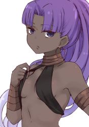 Rule 34 | 1girl, assassin (fate/zero), bare shoulders, breasts, closed mouth, collarbone, dark-skinned female, dark elf, dark skin, earrings, elf, fate/zero, fate (series), female assassin (fate/zero), hoop earrings, i.u.y, jewelry, lifted by self, long hair, parted bangs, pointy ears, ponytail, purple eyes, purple hair, simple background, small breasts, solo, upper body, very long hair, white background